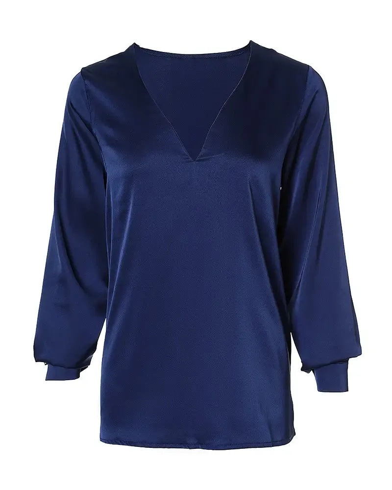 Xieyinshe - V-neck satin top with long sleeves