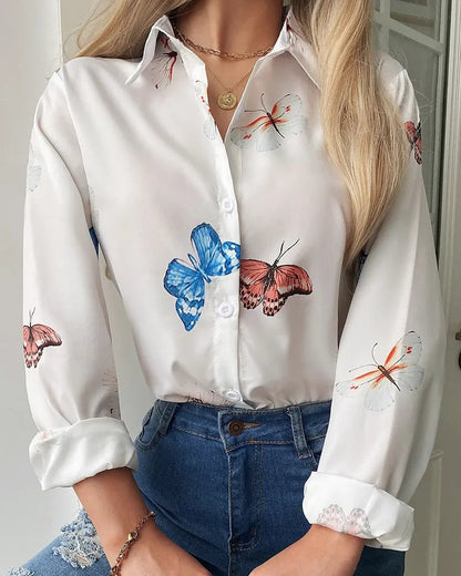 Xieyinshe - Butterfly Print Long Sleeve Button Up Top