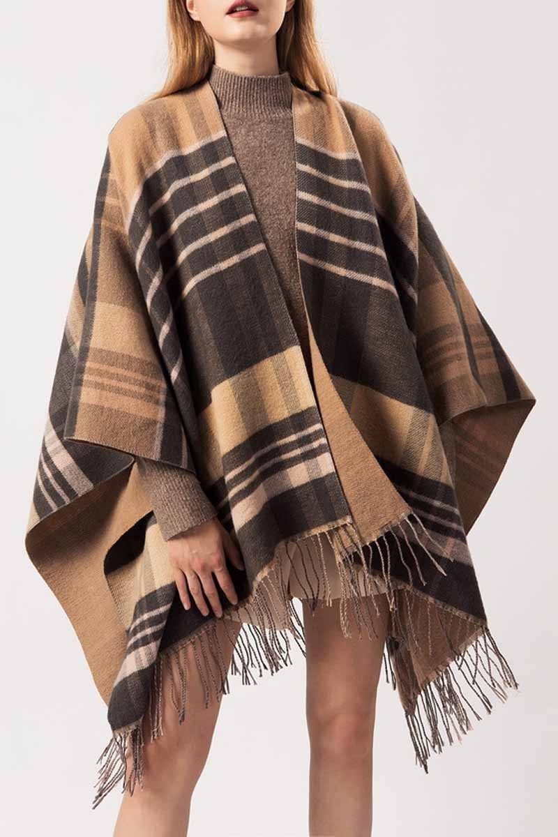 Xieyinshe Xieyinshe Essential Grid Loose Tassel Shawl Cloak(2 Colors)