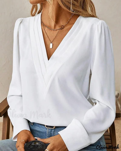 Xieyinshe - V-Neck Long Sleeve Ruched Blouse