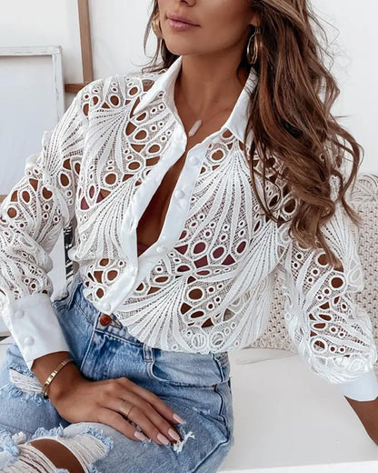 Xieyinshe - Eyelet Embroidered Long Sleeve Button Down Shirt