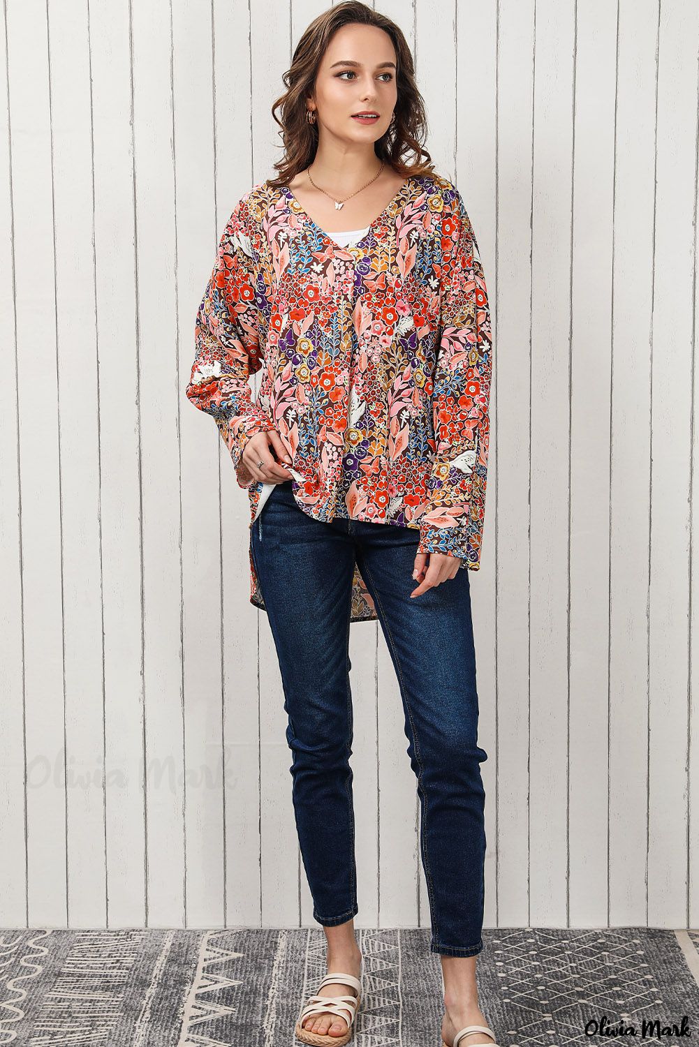 Xieyinshe - Bohemian Floral Long Sleeve V-Neck Blouse