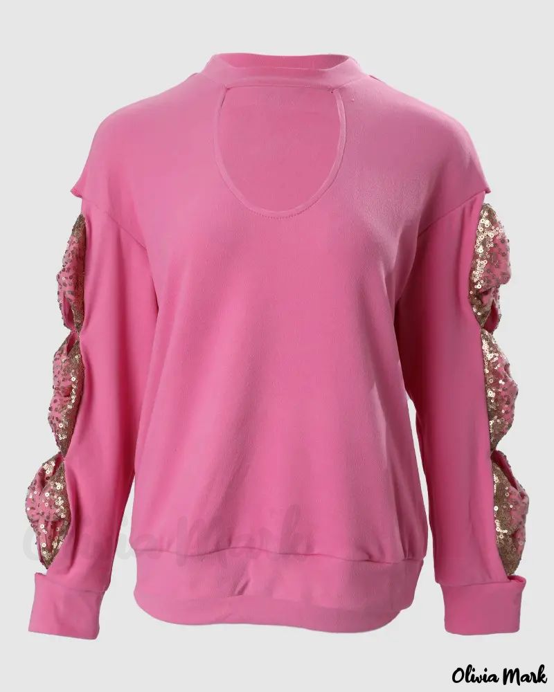 Xieyinshe - Ribbed Long Sleeve Top with Contrast Sequin Bow Decor