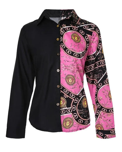 Xieyinshe - Scarf Print Color Block Long Sleeve Button Up Top