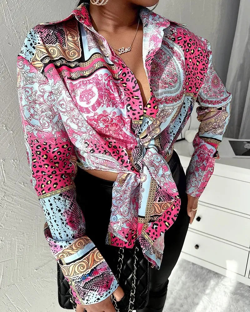 Xieyinshe - Long Sleeve Tie Front Scarf Print Shirt