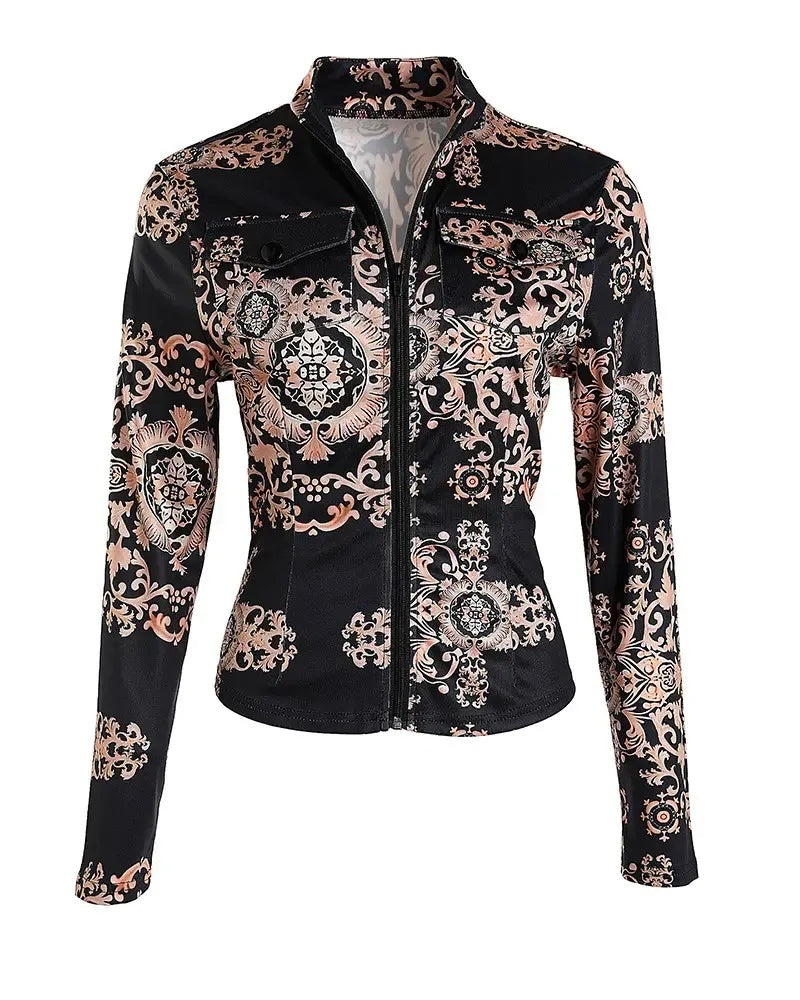 Xieyinshe - Baroque Print Long Sleeve Zip Top