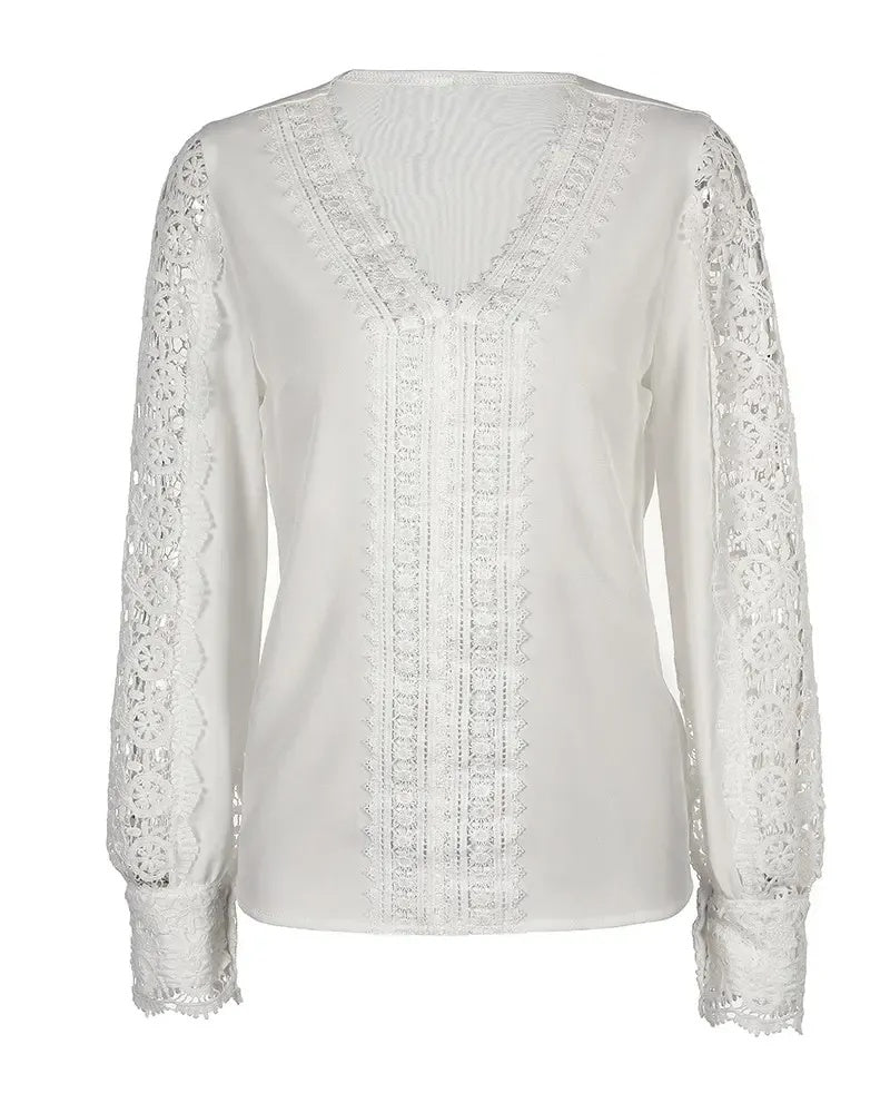 Xieyinshe - V-neck top with long sleeves in guipure lace