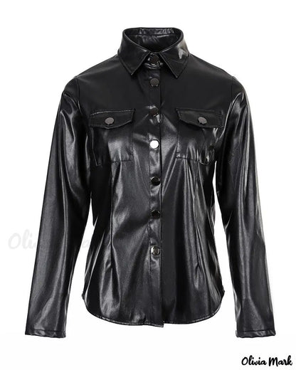 Xieyinshe - PU Leather Pocket Long Sleeve Top