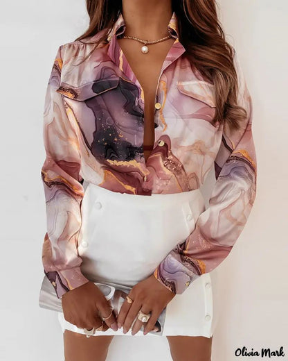 Xieyinshe - Marble Print Long Sleeve Button Down Shirt