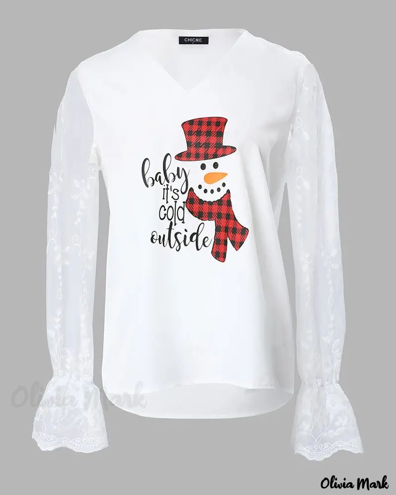 Xieyinshe - Christmas Snowman Print Contrast Lace Long Sleeve Top