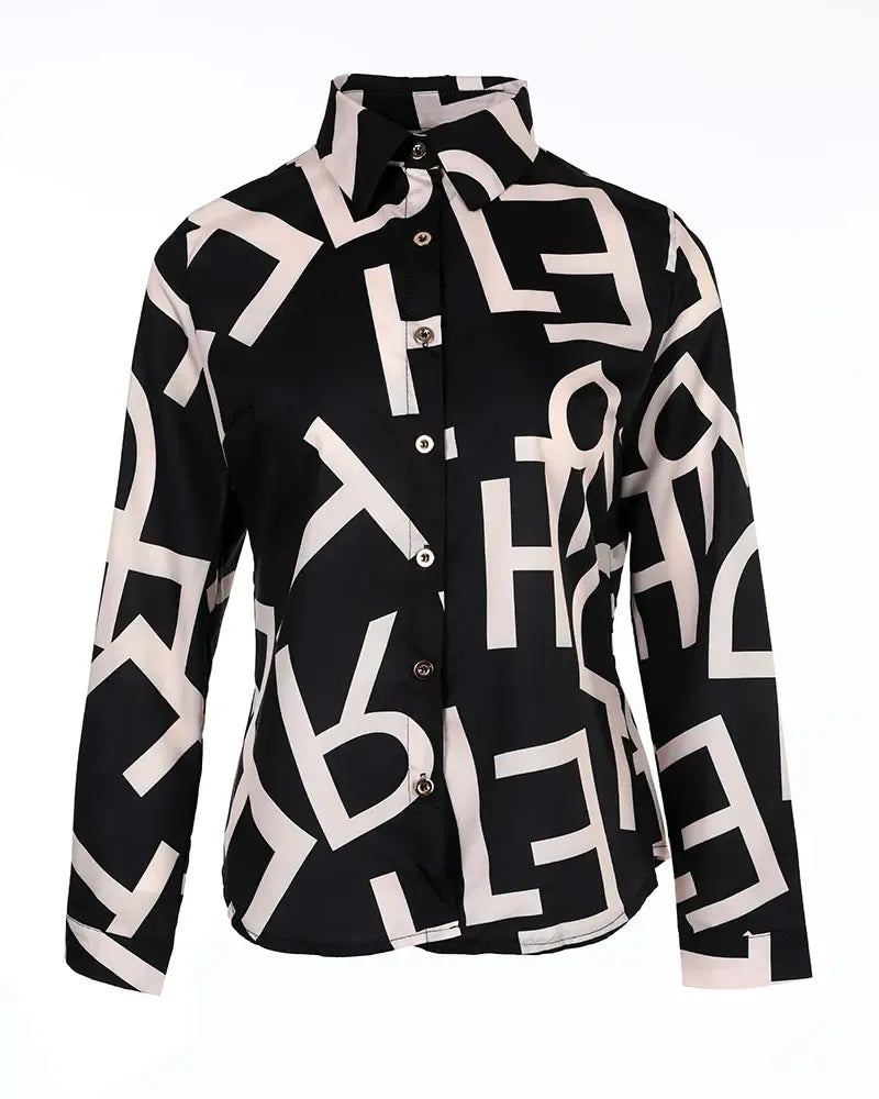 Xieyinshe - Letter Print Button Up Long Sleeve Top