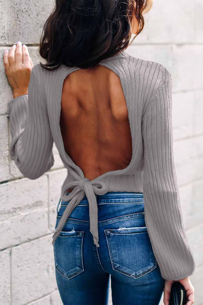 Xieyinshe Xieyinshe Open Back High Neck Lace Long Sleeve Sweater