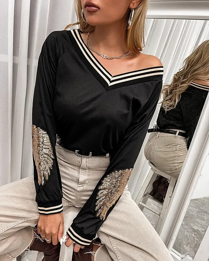 Xieyinshe - Sequin Wings Long Sleeve V-Neck Top