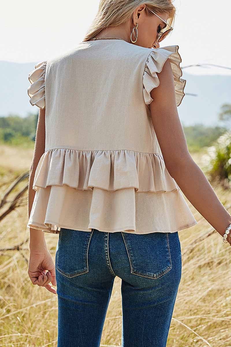 Pure Color Casual Single Row Shirt V-Neck Tops