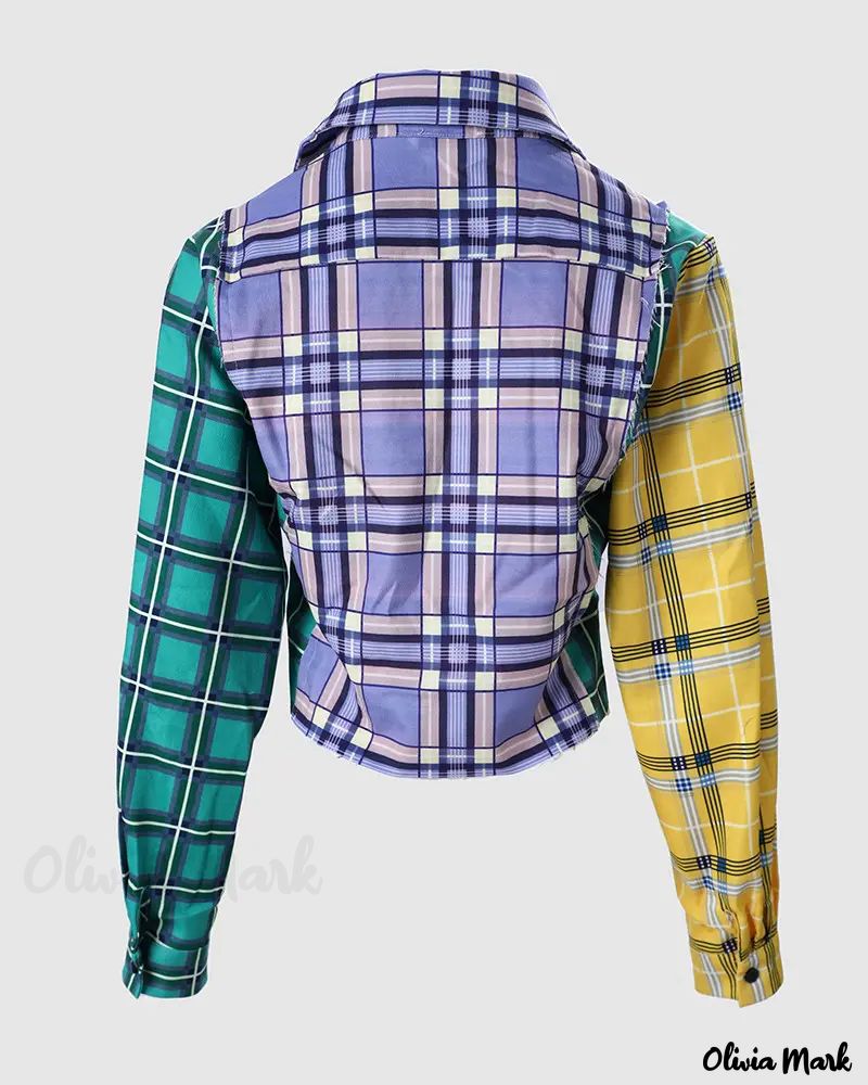 Xieyinshe - Color Block Check Print Long Sleeve Crop Top