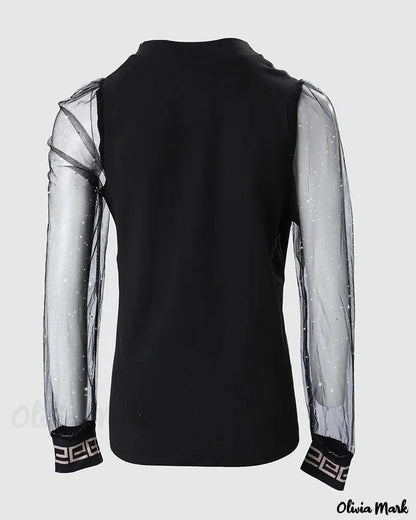 Xieyinshe - Geometric Trim Glitter Sheer Mesh Long Sleeve Top