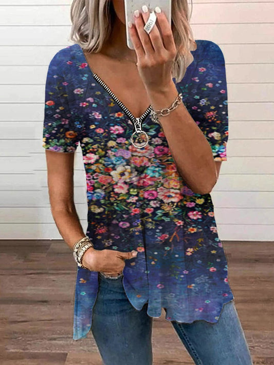 Polyester Cotton Short Sleeve Floral V Neck Shirts & Tops