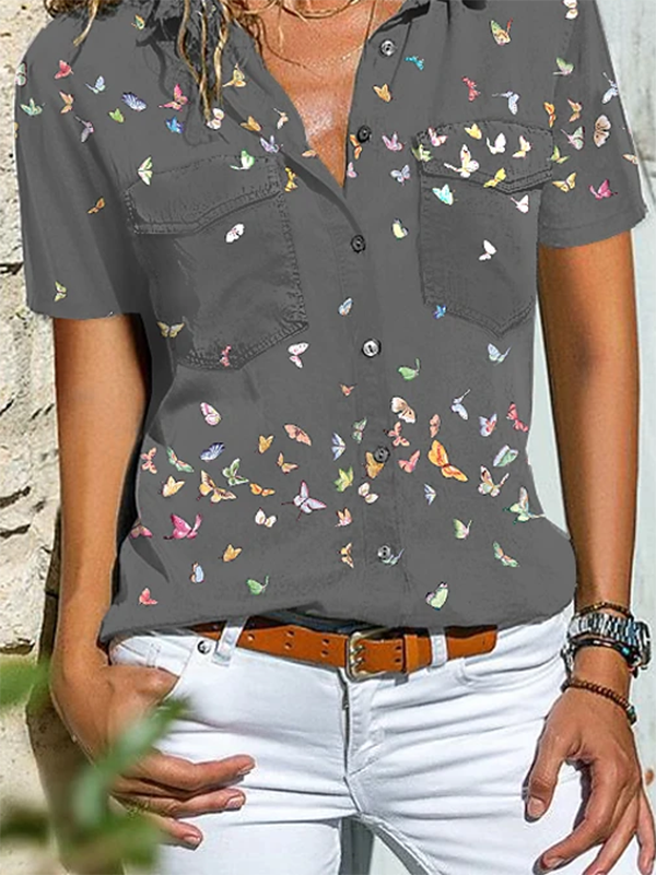Printed Short Sleeve Shirt Collar Shirts & Tops