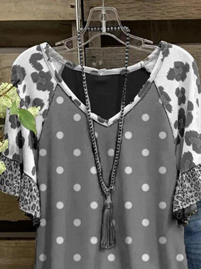 Polka Dots Short Sleeve V Neck Casual Shirts & Tops