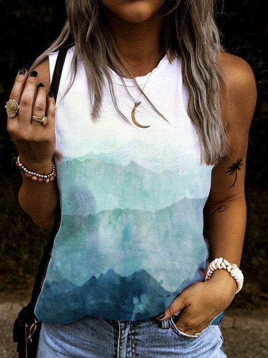 Floral-Print Ombre/tie-Dye Crew Neck Sleeveless Shirts & Tops