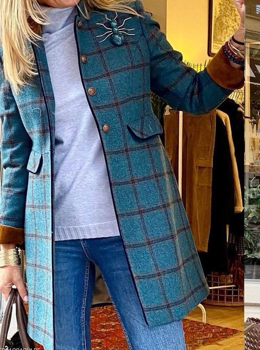 Fashion Plaid Print Button Coat Women