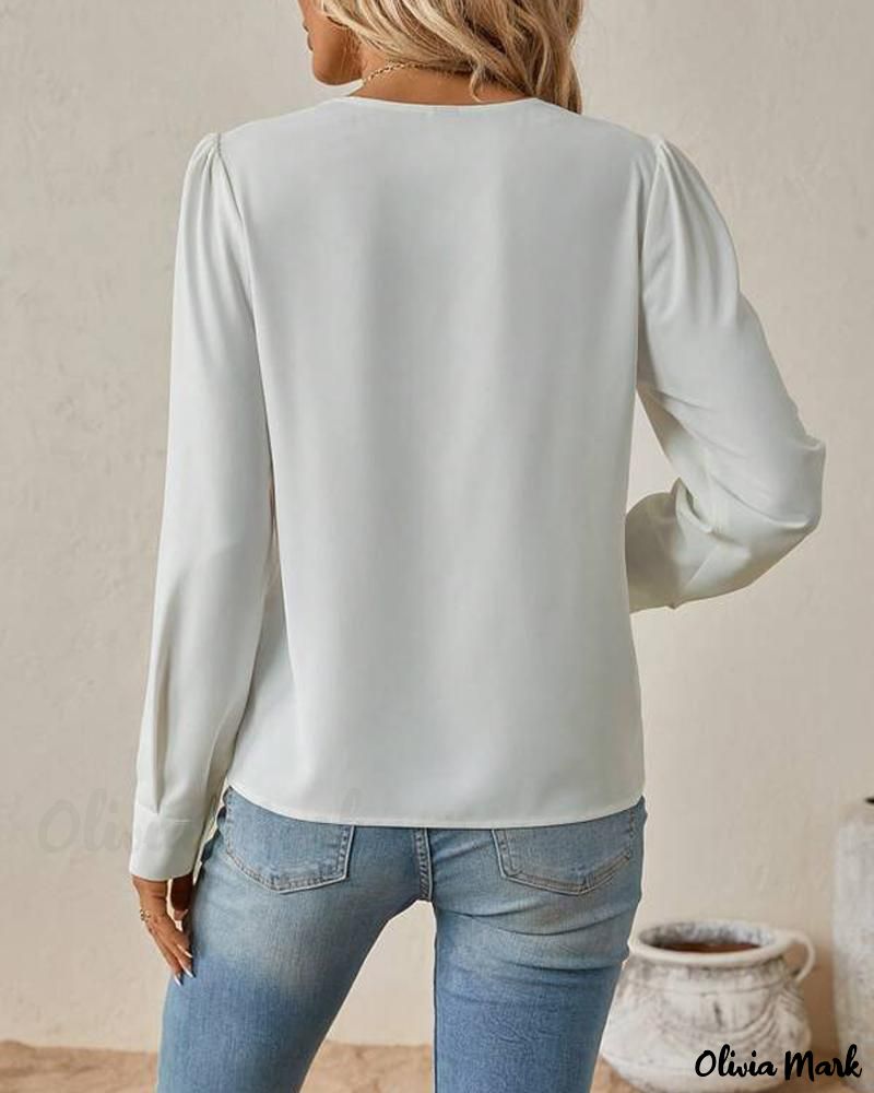 Xieyinshe - V-Neck Long Sleeve Ruched Blouse