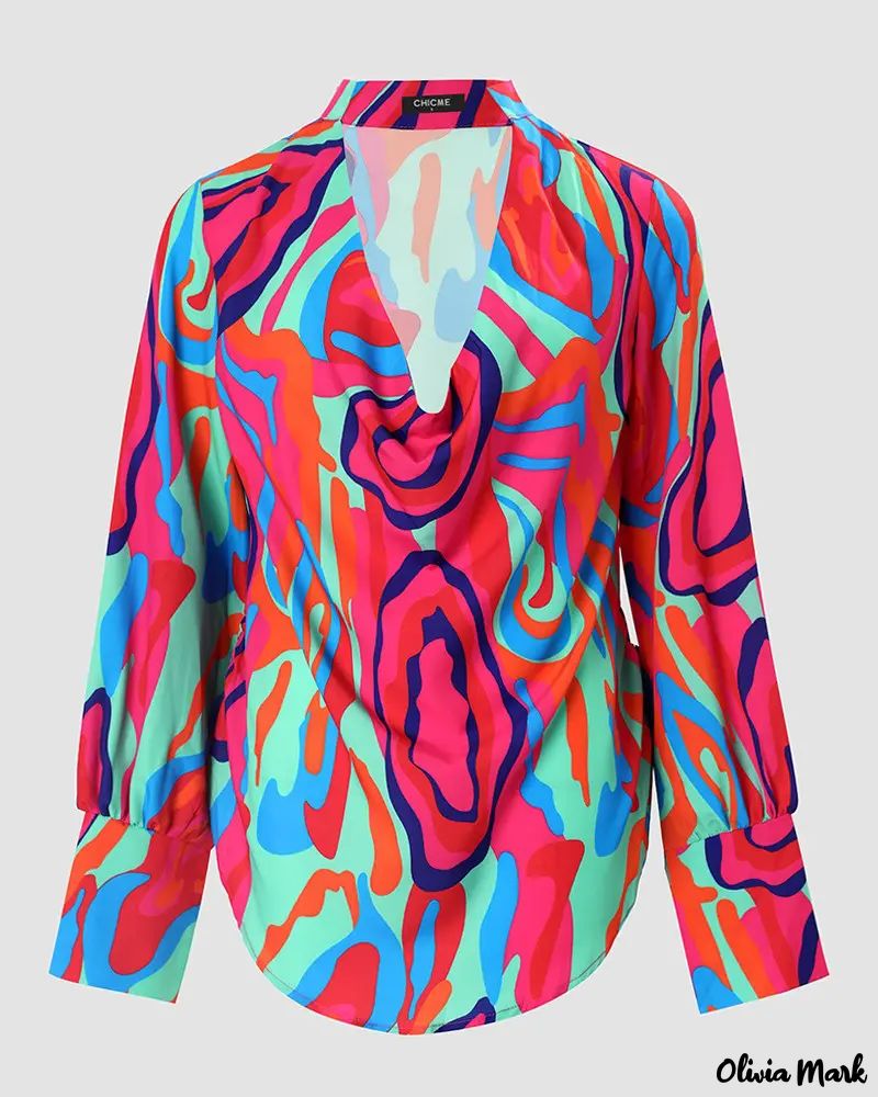 Xieyinshe - Abstract Print Cowl Neck Long Sleeve Top