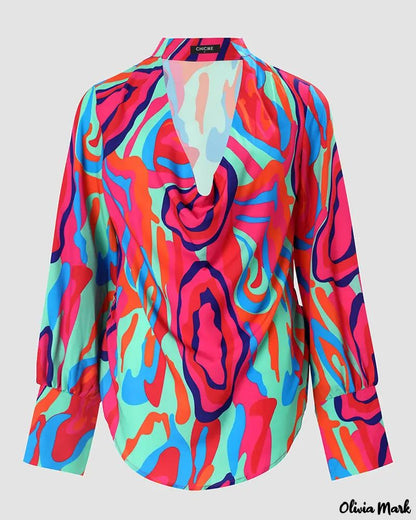 Xieyinshe - Abstract Print Cowl Neck Long Sleeve Top