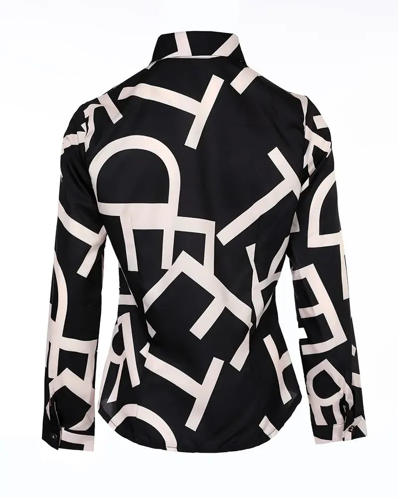 Xieyinshe - Letter Print Button Up Long Sleeve Top