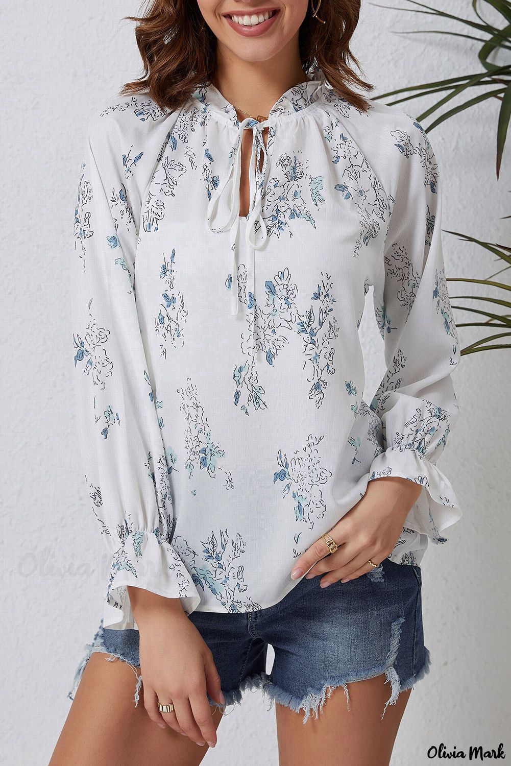 Xieyinshe - Floral Tie Neck Long Sleeve Crinkle Blouse