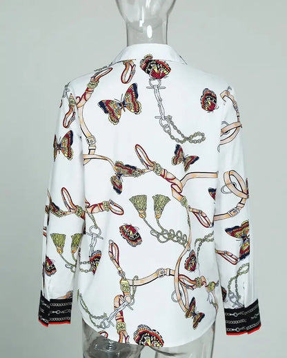 Xieyinshe - Chain Butterfly Print Long Sleeve Casual Shirt