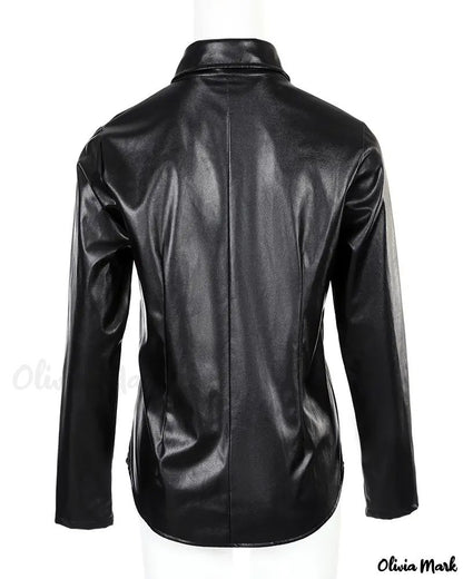 Xieyinshe - PU Leather Pocket Long Sleeve Top