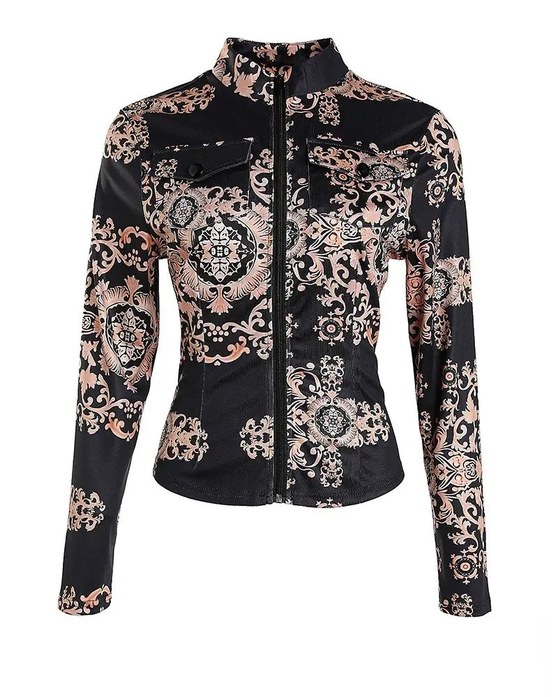 Xieyinshe - Baroque Print Long Sleeve Zip Top