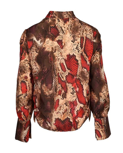 Xieyinshe - Snakeskin Print Cowl Neck Long Sleeve Top