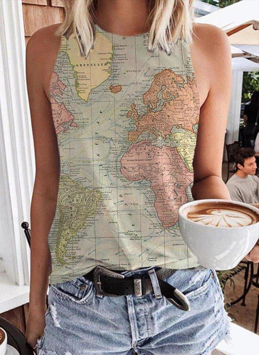 World Map Casual Sleeveless Women Vests