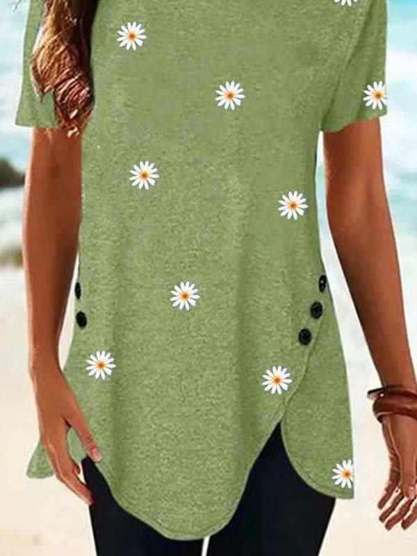 Floral-print Crew Neck Short Sleeve Casual Shirts & Tops