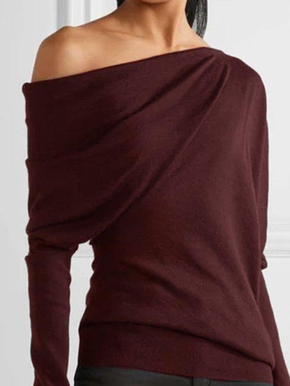 Solid Casual One Shoulder Long Sleeve Shirts & Tops