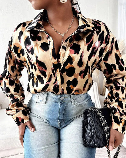 Xieyinshe - Leopard Print Long Sleeve Button Down Shirt