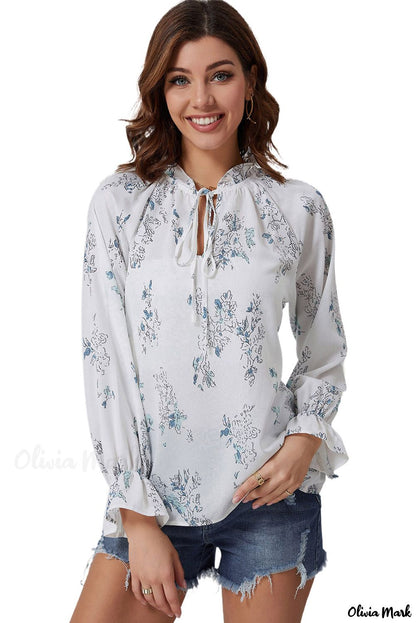 Xieyinshe - Floral Tie Neck Long Sleeve Crinkle Blouse