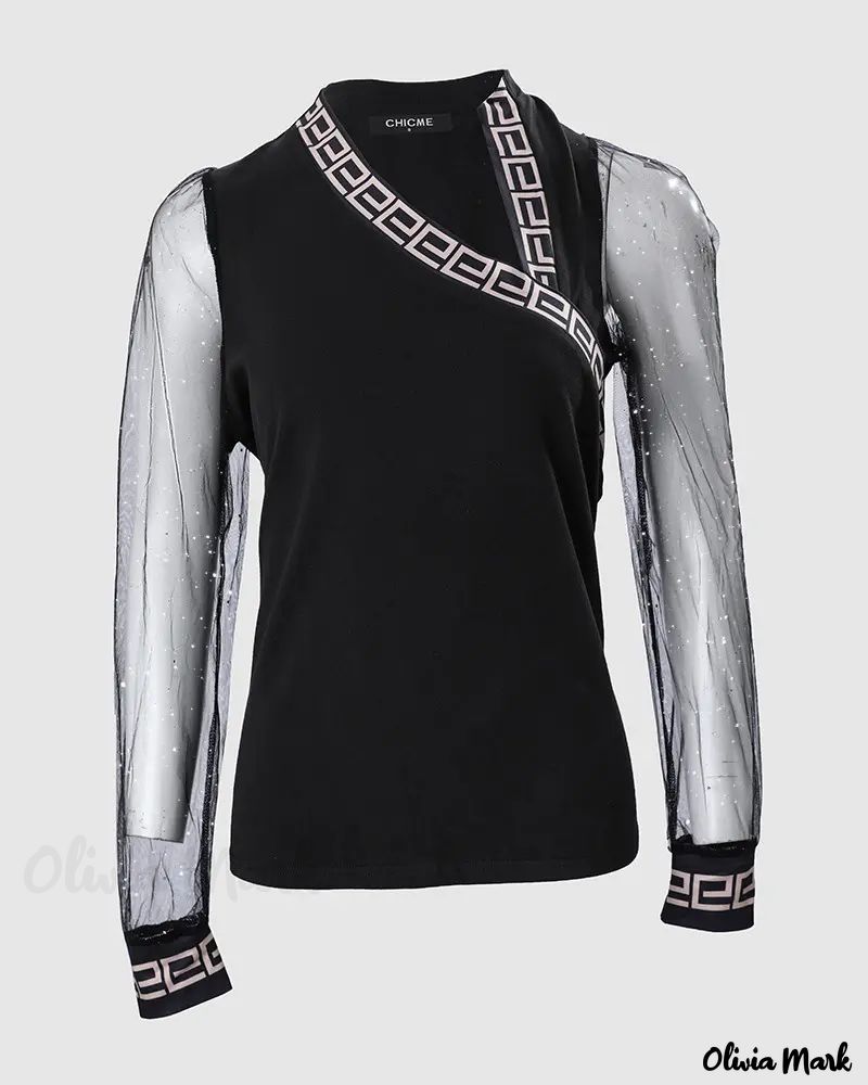 Xieyinshe - Geometric Trim Glitter Sheer Mesh Long Sleeve Top