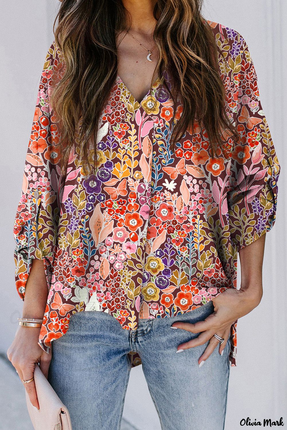 Xieyinshe - Bohemian Floral Long Sleeve V-Neck Blouse