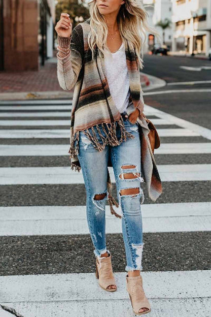 Xieyinshe Xieyinshe Casual Knitting Tassel Long Sleeve Cardigan