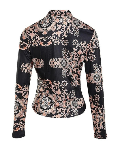 Xieyinshe - Baroque Print Long Sleeve Zip Top