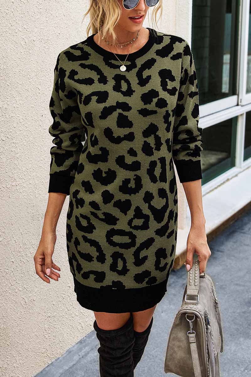 Xieyinshe Xieyinshe Leopard Print Oneck Mini Dress