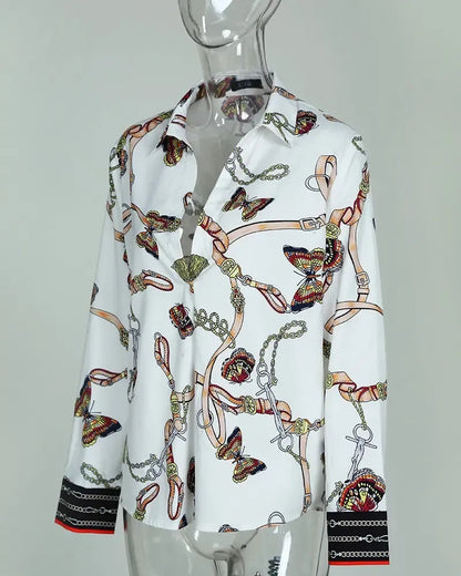 Xieyinshe - Chain Butterfly Print Long Sleeve Casual Shirt