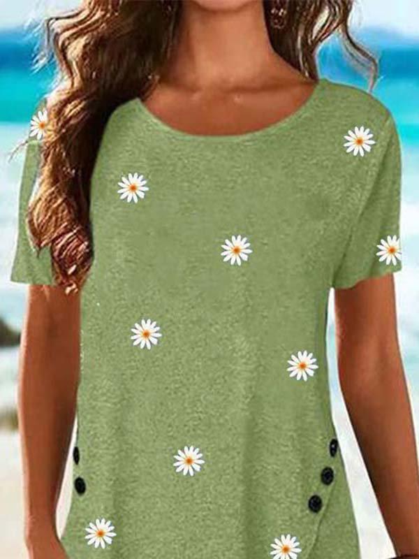 Floral-print Crew Neck Short Sleeve Casual Shirts & Tops