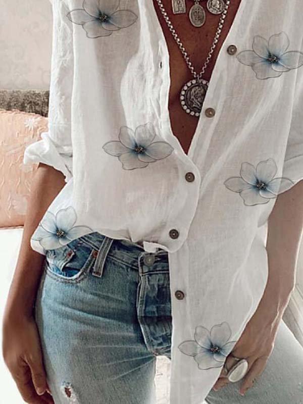 Cotton-Blend Casual Long Sleeve Floral-Print Shirts & Tops