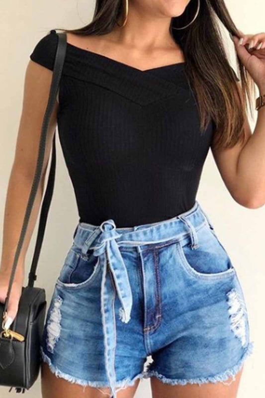 Xieyinshe Xieyinshe High Waist Lace-up Denim Shorts