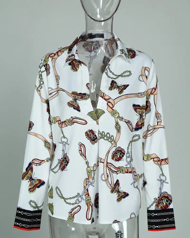 Xieyinshe - Chain Butterfly Print Long Sleeve Casual Shirt