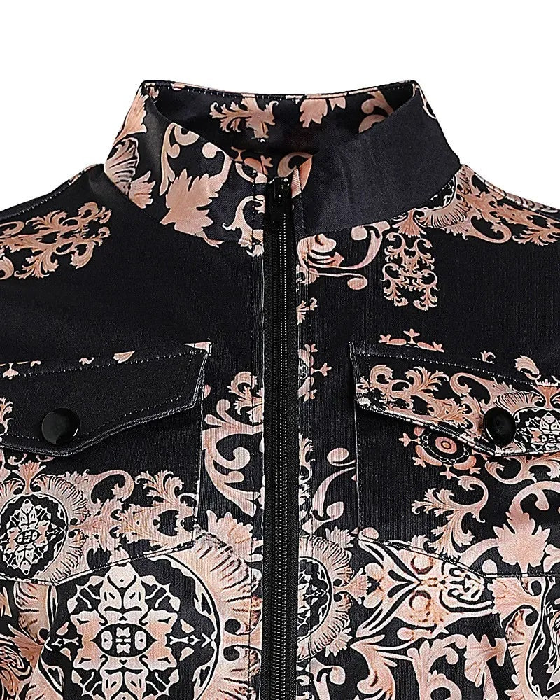 Xieyinshe - Baroque Print Long Sleeve Zip Top